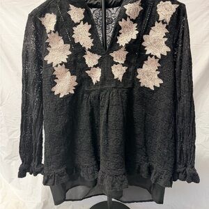 Entro Black Lace Blouse with Cream Floral Details